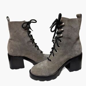 Marc Fisher Mlwanya Suede Combat Boots Gray Lug Sole Lace Up Ankle Boot Womens 5
